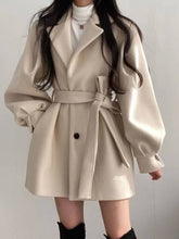 Aurohaya Elegant Wool Coat with Puff Sleeves, Belt, and Pockets for Women Winter & Fall Oversized Jacket